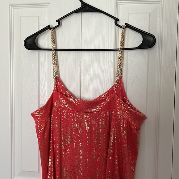 MICHAEL MICHAEL KORS SANGRIA Maxi Chain Dress Printed Sz Medium Orange and Gold - Picture 8 of 12